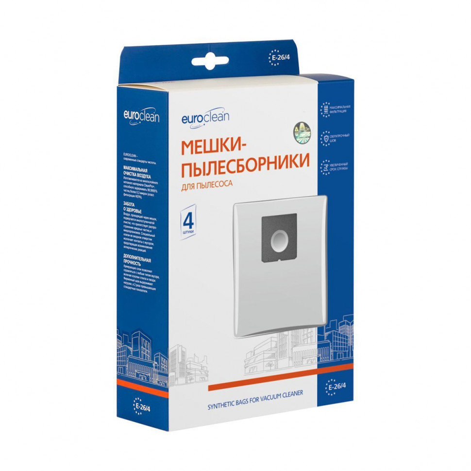 Мешки-пылесборники для пылесосов Salco, Funai, Atlanta синтетические, 4 шт, Euroclean , E-26/4NZ Мешки-пылесборники для пылесосов Salco, Funai, Atlanta синтетические, 4 шт, Euroclean , E-26/4NZ